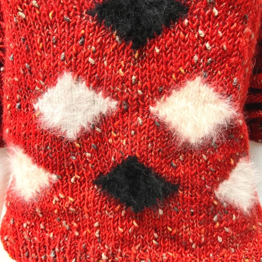Handknitted Red Chunky Argyle Sweater Mock Neck Grannycore Cabin‎ Preppy Small